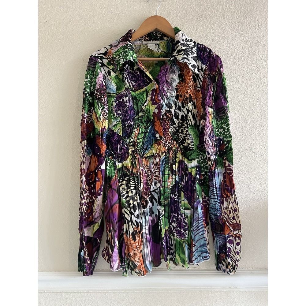 Alberto Makali Y2K Crinkle Pleated Top Floral Button Up Whimsigoth Fairy